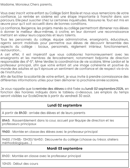 Explicatif rentrée Scolaire 6eme