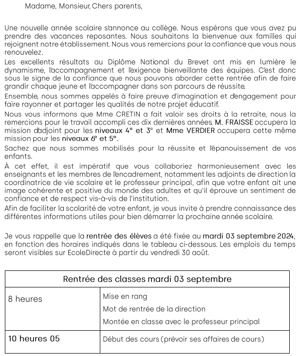 Explicatif Rentrée Scolaire 5ème / 4ème et 3ème